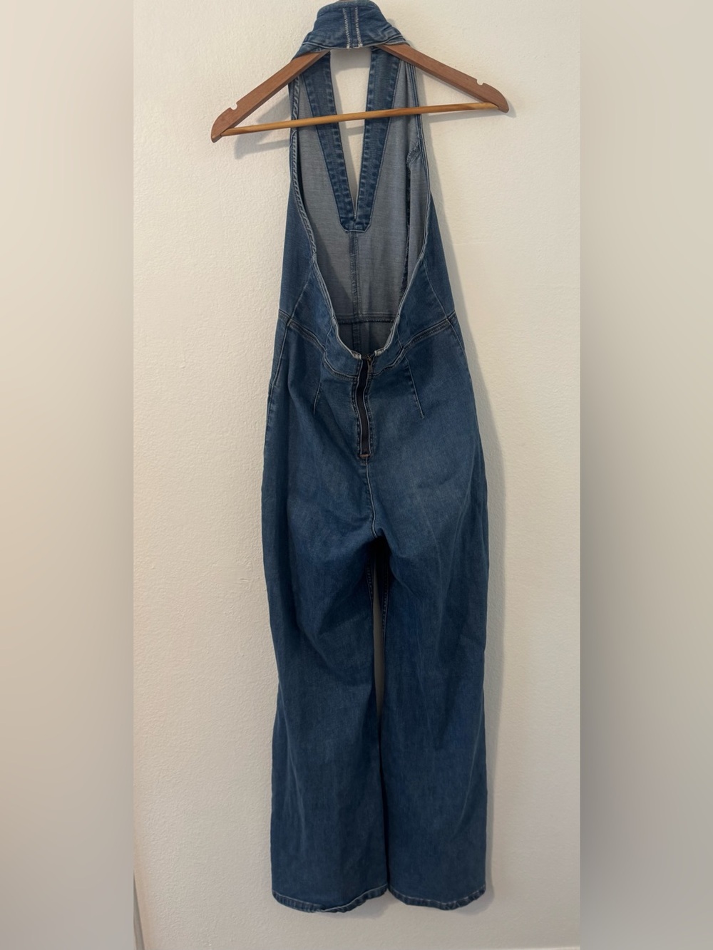 We The Free Sweet Thing Denim Flare Jumpsuit Halter Boho Festival Med *Read* - Picture 2 of 16